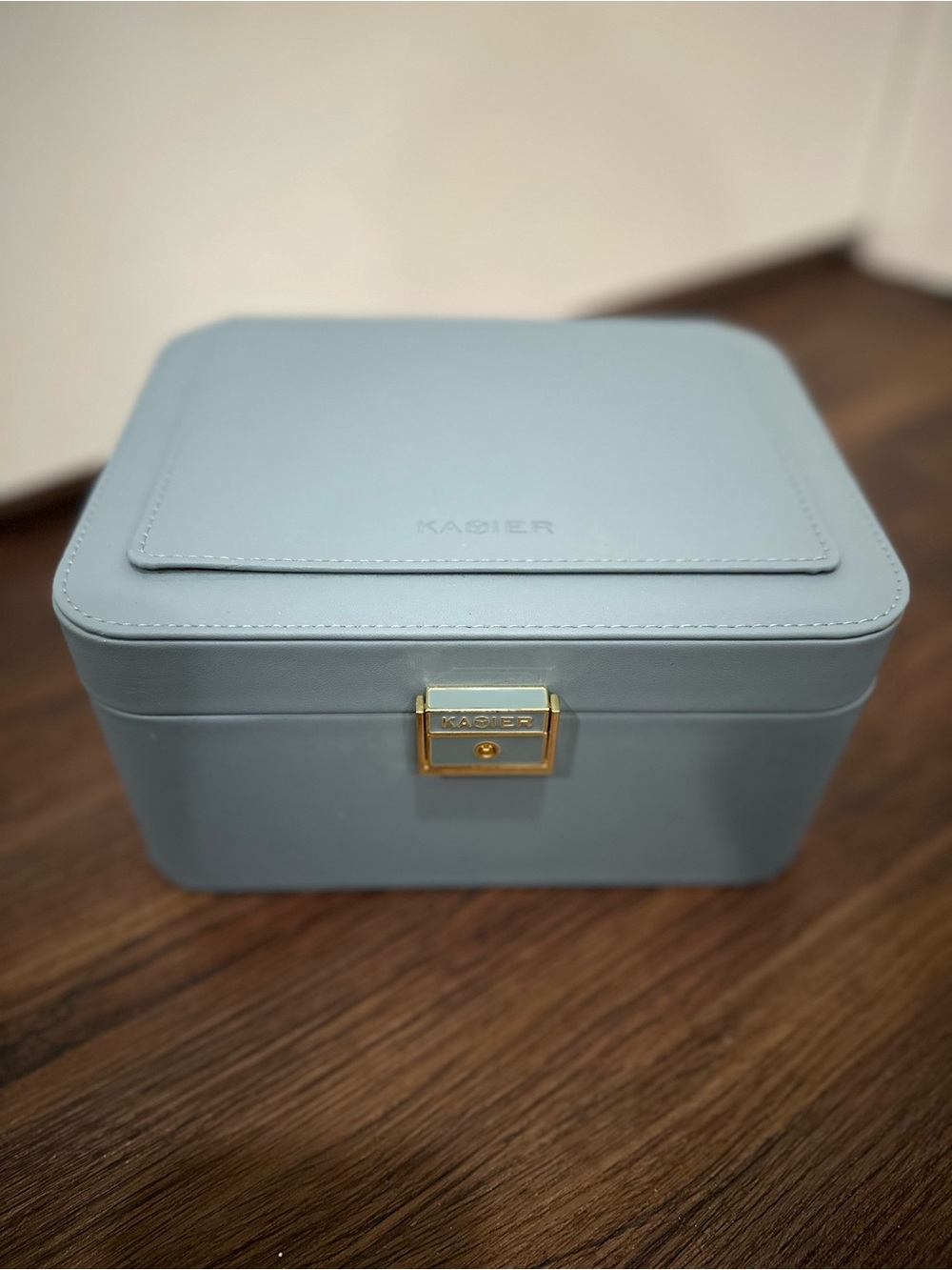 Light Blue Jewelry Storage Box with Gold Latch